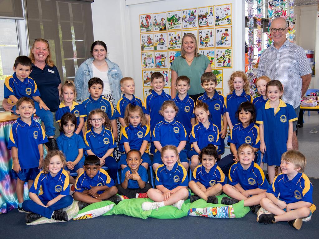 My First Year 2022: Toowoomba North State School Prep. Teaching staff, from left; teacher aides; Rosie Wieland, Sarah Heit and teachers; Hayley Pleszkun and Bryan Powell. March 2022 Picture: Bev Lacey