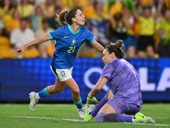 BRISBANE, AUSTRALIA - NOVEMBER 28: Giovana Queiroz Costa Garbelini of Brazil celebrates scoring a goal during the International Friendly match between the Matildas and Brazil at Suncorp Stadium on November 28, 2024 in Brisbane, Australia. (Photo by Albert Perez/Getty Images)