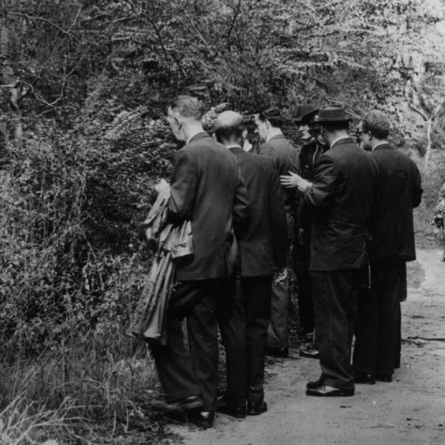 Police at scene in Lane Cove National Park, where the bodies of Margaret Chandler &amp; Doctor Gilbert Bogle were found in 1963.