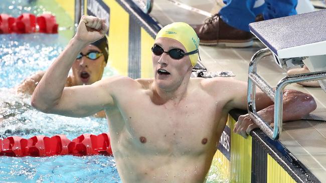 Mack Horton celebrates victory in the Men's 400m Freestyle Final. Picture: Scott Barbour/Getty Images