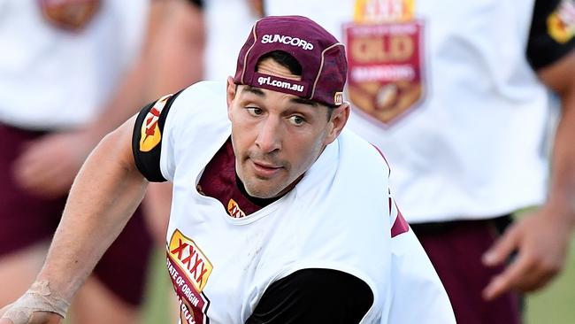 Billy Slater passes the ball during a Queensland Maroons State of Origin training session.