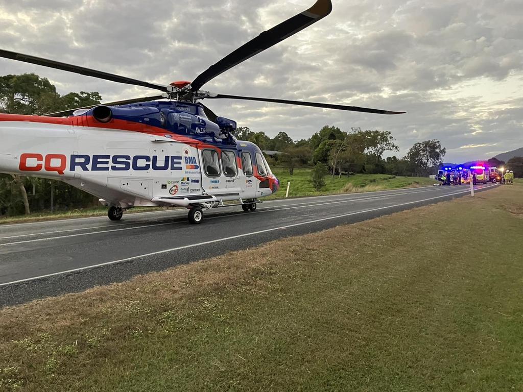 BMA CQ Rescue was tasked to Proserpine after a horror crash on the Bruce Highway at Myrtlevale. The AW139 landed on the highway and has transported man in his 60s for further treatment at Mackay Base Hospital. Picture: BMA CQ Rescue