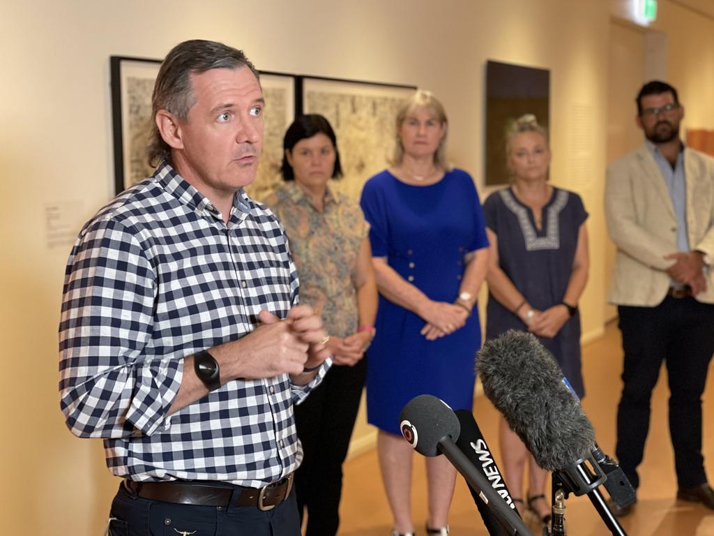 Michael Gunner in Alice Springs with cabinet. Picture: Lee Robinson