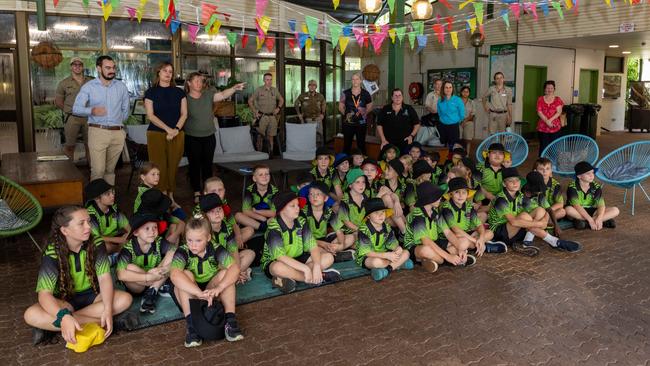 Students from Berry Springs Primary School eagerly took a trip on the Territory Wildlife Park's two new electric trains, February 7, 2025. Picture: Pema Tamang Pakhrin