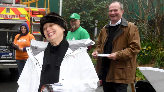 SA Labor government minister Martin Hamilton-Smith and his wife Stavroula Raptis distributed how to vote cards for Nick Xenophon Team's Rebekha Sharkie. Picture: Tricia Watkinson