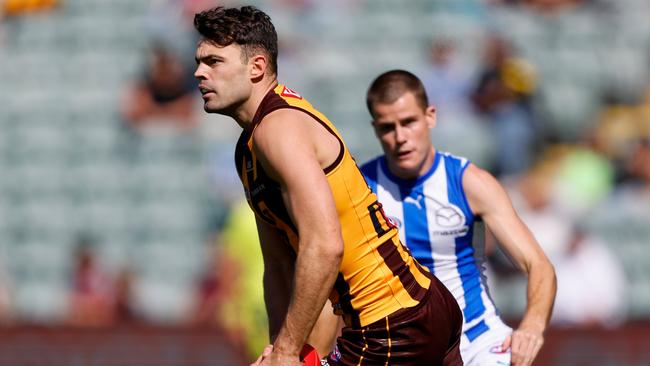 Hawks utility Conor Nash had a superb game against Roos clearance king Ben Cunnington and could play a similar role against Patrick Dangerfield on Easter Monday. Picture: Dylan Burns / Getty Images