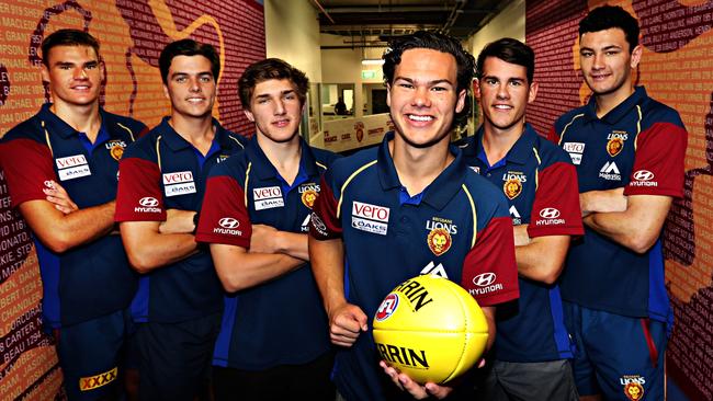 New Lions find den: Brisbane draft picks Jack Payne, Toby Whooller, Zac Bailey, Cam Rayner, Brandon Starcevich and Connor Ballenden check out their new home. Picture: Annette Dew