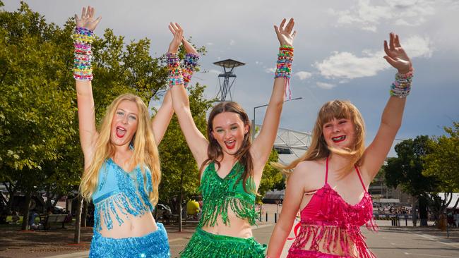 Erin Brady, Sophie Durbin and Grace Brady, from Sydney, before the first Taylor Swift concert in Sydney.