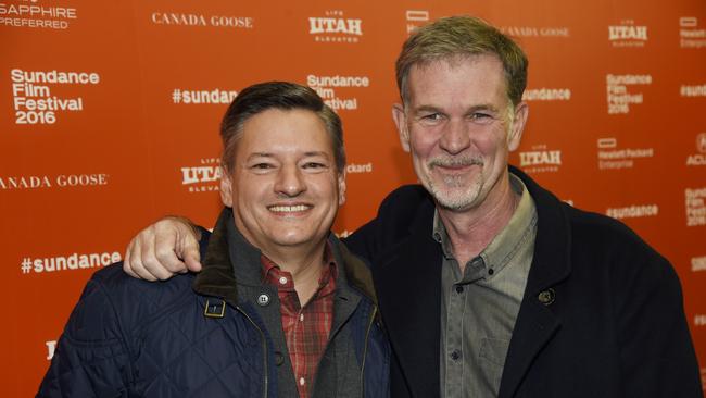 Ted Sarandos, left, head of content acquisition for Netflix, and Reed Hastings, co-founder and CEO, pose together at the premiere of the Netflix series <i>Chelsea Does</i> at the 2016 Sundance Film Festival.