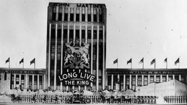 John Martin’s Rundle Street store’s. 'Long Live the King' decorations to celebrate the coronation of King George VI in May 1937.