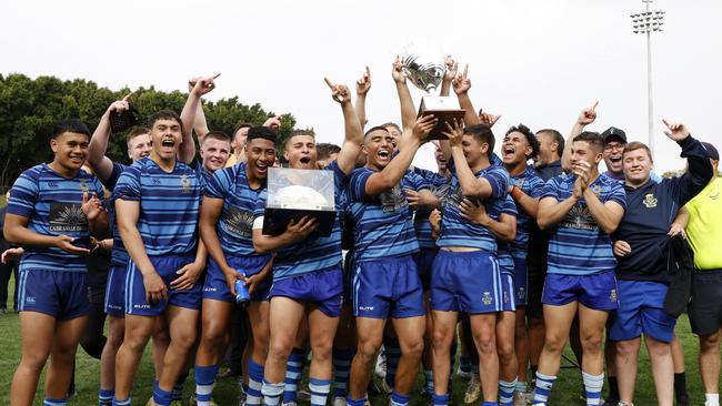 Patrician Brothers Fairfield celebrating winning the NRL Schoolboys Grand Final against Hills Sports High at Leichhardt Oval. Picture: Jonathan Ng