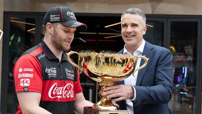 Premier Peter Malinauskas announced the RAAF’s new F-35’s would conduct flyovers throughout the race weekend during an event with Supercars Championship leader Brodie Kostecki. Picture: NCA NewsWire / Morgan Sette