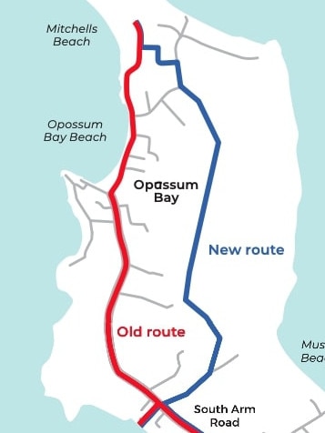 A diagram of the old and new routes of the South Arm Water Pipeline through Opposum Bay. Picture: Supplied.