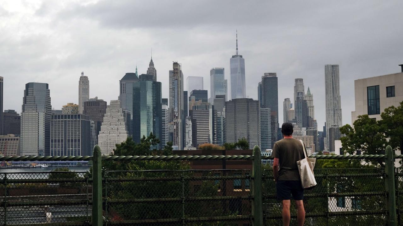 The Manhattan skyline seen from a Brooklyn neighbourhood in New York City.