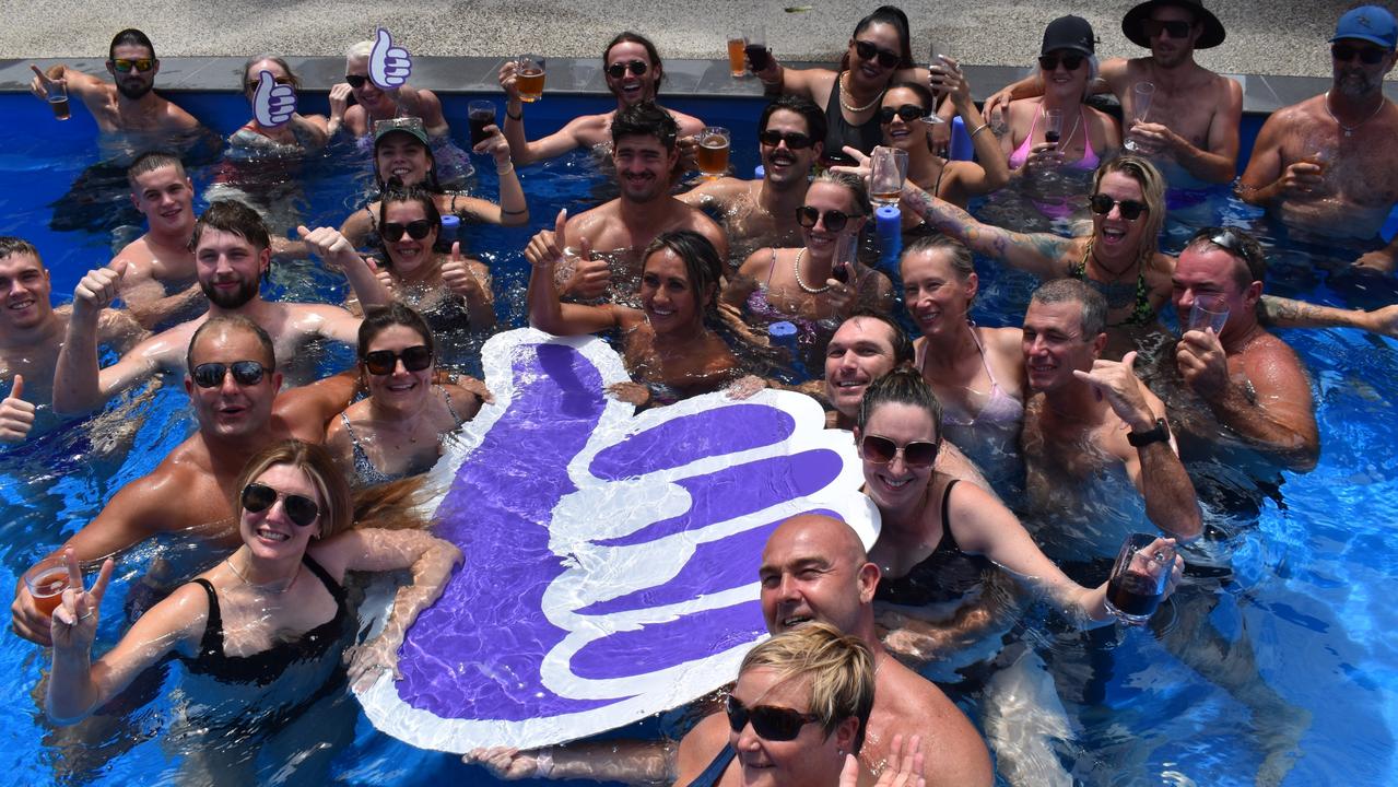 Passengers enjoy a pool party at Ibis Hotel at Bonza's first Sunshine Coast to Mackay flight on February 14, 2022. Photo: Zoe Devenport