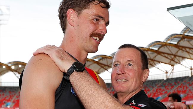 Joe Daniher and John Worsfold after the club’s Round 18 loss to the Demons. Picture: Michael Willson/AFL Photos via Getty Images