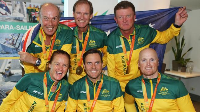 The Australian sailing team of Russell Boaden, Colin Harrison, Jonathan Harris and (front row) Liesl Tesch, Daniel Fitzgibbon and Matt Bugg.