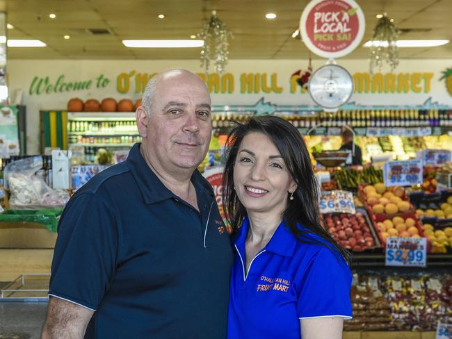 Brian and Iman Daher who run the O'Halloran Hill Fruit Mart. Picture: AAP/Roy Vandervegt