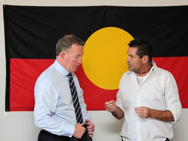 Premier Will Hodgman talks with Tasmanian Aboriginal Centre President Dave Warrener during a meeting at Launceston