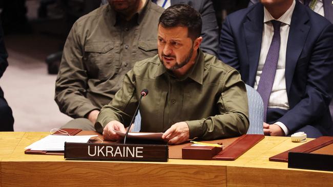 Ukraine Volodymyr Zelensky addresses the UN Security Council on Wednesday. Picture: AFP