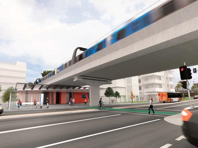 An artist’s render of a possible sky rail at Coburg station.