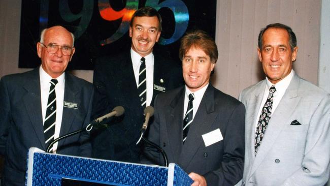 Port Adelaide chairman Barry Wilson, president Greg Boulton, chief executive Brian Cunningham and coach John Cahill at meeting of the '96 club at Football Park's Convention Centre in 1994. Picture: Ray Titus