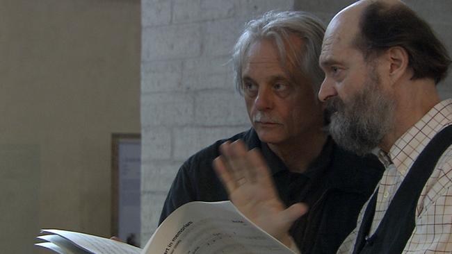 ECM label founder and producer Manfred Eicher (left) with composer Arvo Part in a scene from the documentary film Sounds and Silence,