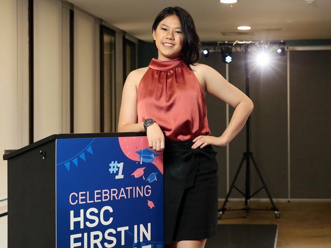 Pictured in Sydney at a special event celebrating the 2020 HSC First in Course recipients is Akina Li who topped English Extension and Latin Extension.Picture: Richard Dobson