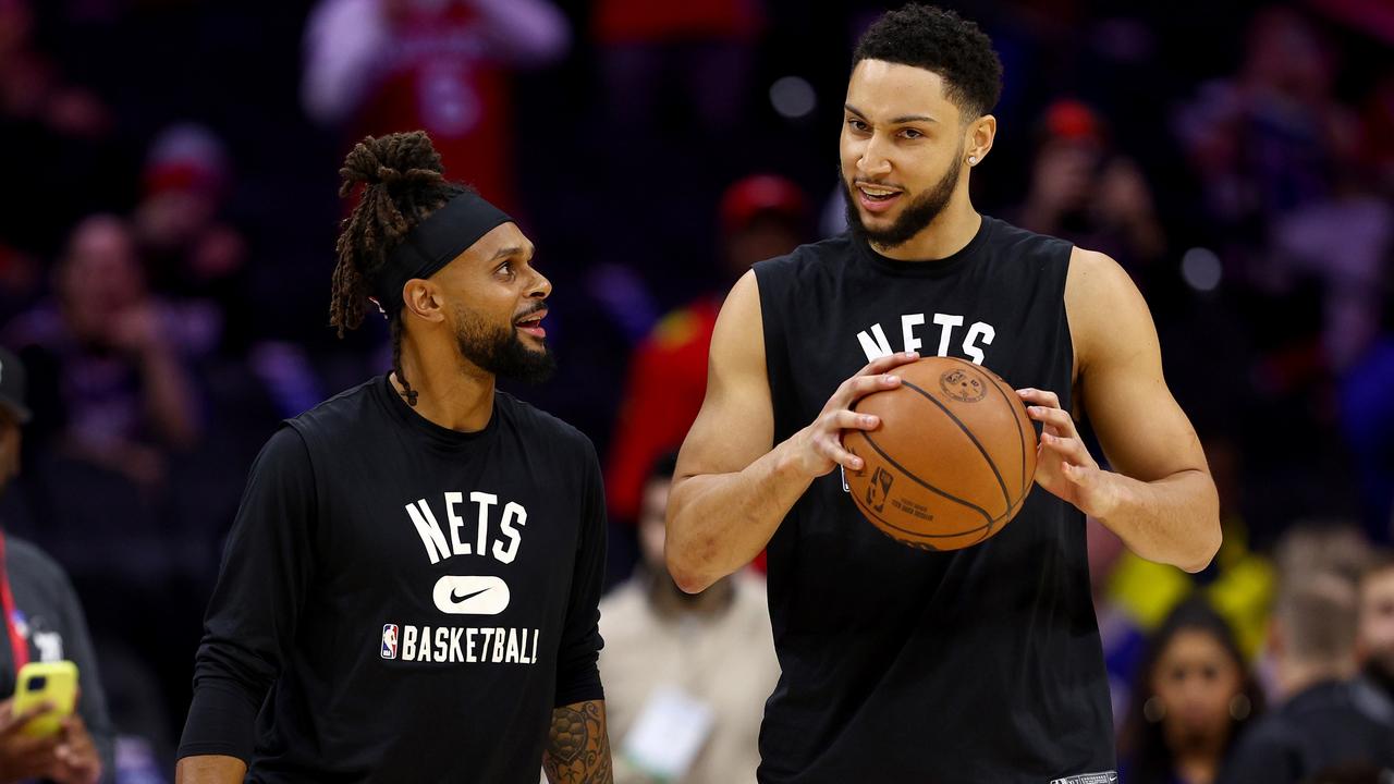 Ben Simmons and Patty Mills take the take the court for warm ups. Picture: Getty Images