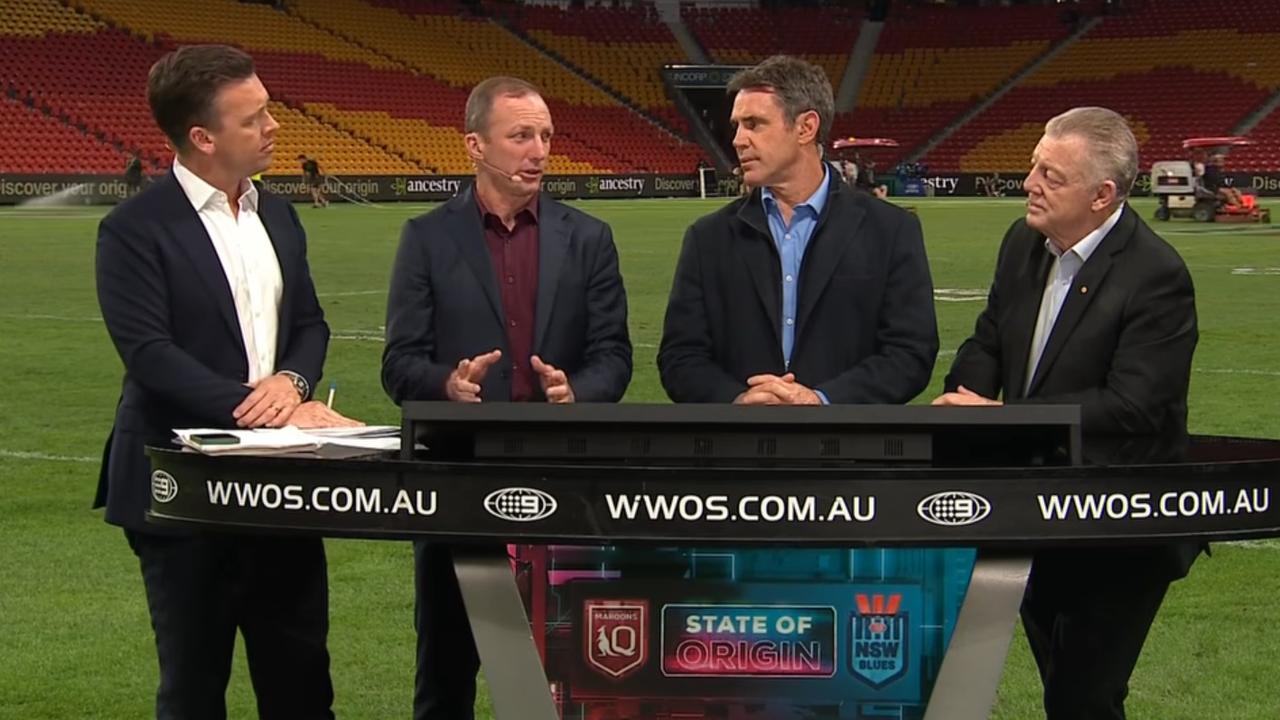 The Channel 9 post-game panel of James Bracey (left), Darren Lockyer, Brad Fittler and Phil Gould. Photo: Facebook, NRL on Nine.
