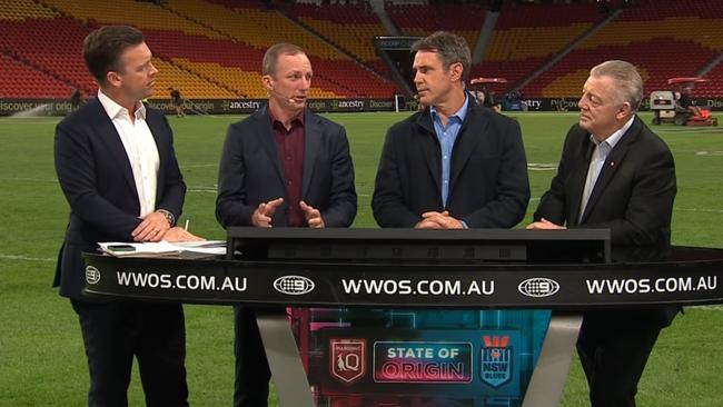 The Channel 9 post-game panel of James Bracey (left), Darren Lockyer, Brad Fittler and Phil Gould. Photo: Facebook, NRL on Nine.