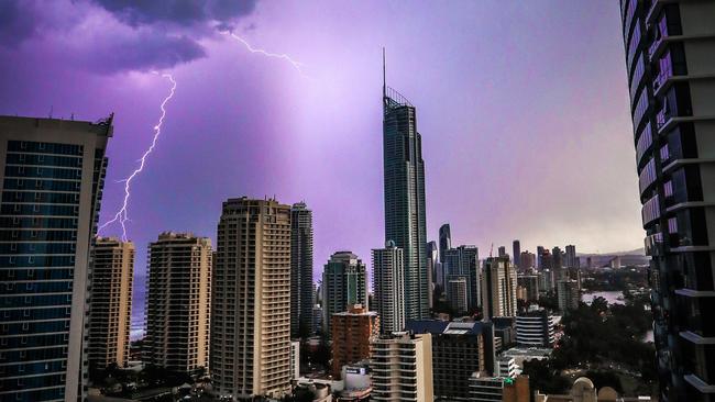 Lightning seen over Surfers Paradise on the Gold Coast. Picture: Nigel Hallett