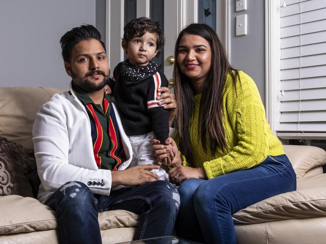 Satwinder Singh and Amandeep Kaur with their son, Agamveer “Aggie” Singh. Aggie was born with a rare condition that left him fighting for his life. Picture: Mark Cranitch