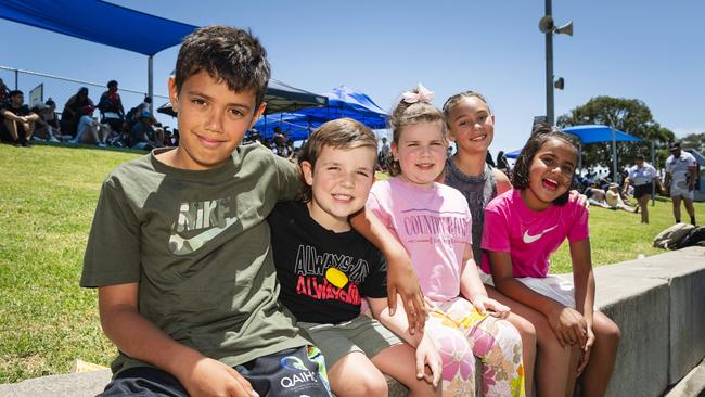 At the Warriors Reconciliation Carnival are (from left) Kyran Combarngo, Bowie Bowden, Violet Bowden, Azalea Long and Halani Combarngo at Jack Martin Centre, Saturday, January 25, 2025. Picture: Kevin Farmer