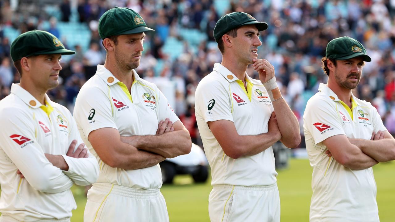 T20 skipper Mitchell Marsh with Cummins at The Oval. Picture: Ryan Pierse/Getty Images