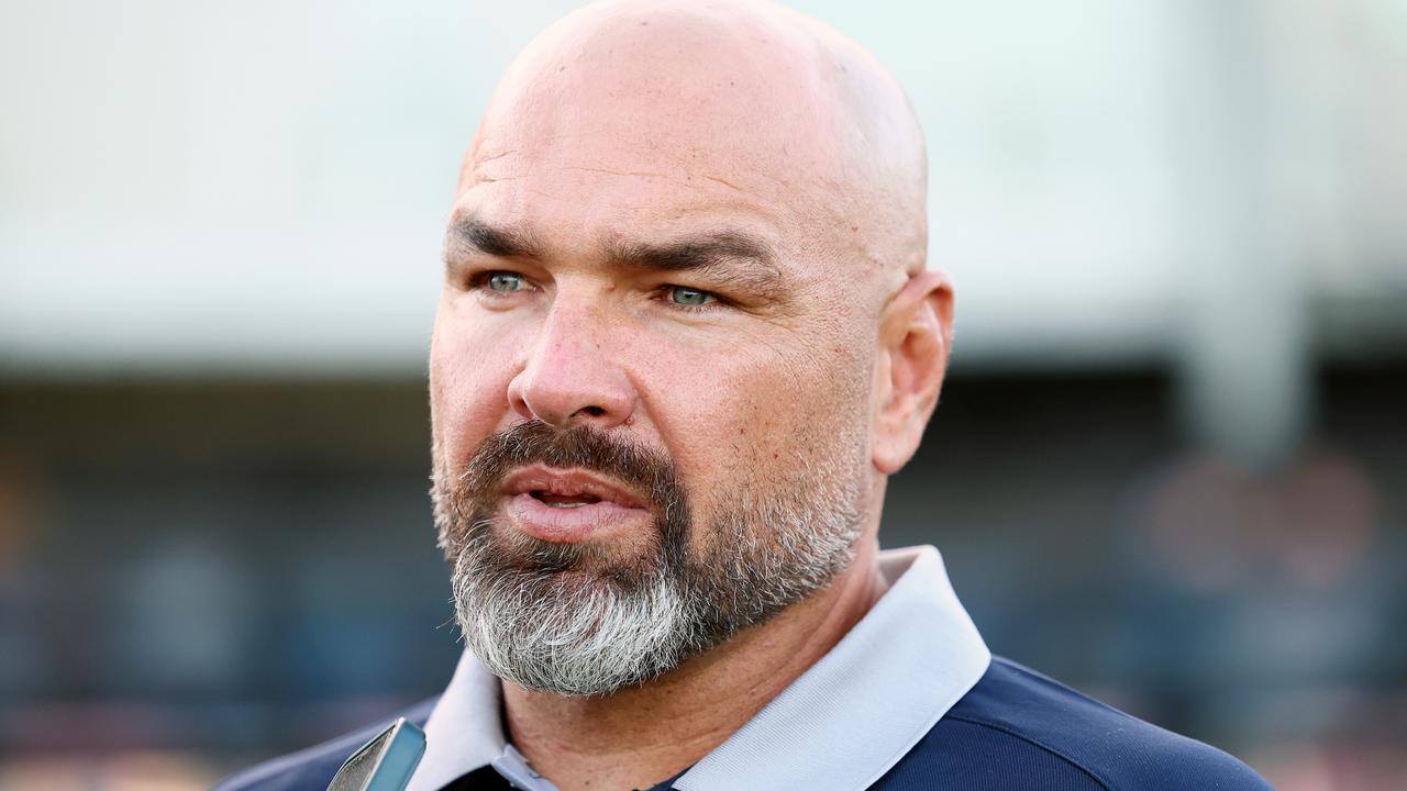 Todd Payten, Head Coach of the Cowboys speaks to media during the 2025 NRL Pre-Season Challenge match between Melbourne Storm and North Queensland Cowboys at Casey Fields on February 23, 2025 in Melbourne, Australia. (Photo by Morgan Hancock/Getty Images)