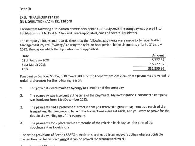 The letter Synergy Traffic Management received.