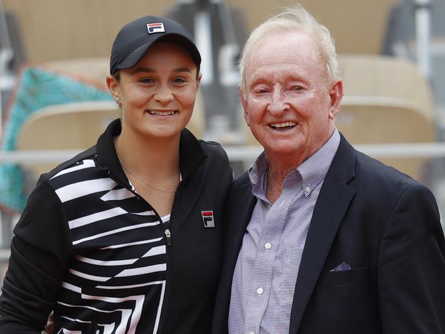 Australia's Ashleigh Barty poses with former Australian tennis legend Rod Laver after winning her women's final match of the French Open tennis tournament against Marketa Vondrousova of the Czech Republic in two sets 6-1, 6-3, at the Roland Garros stadium in Paris, Saturday, June 8, 2019. (AP Photo/Michel Euler)