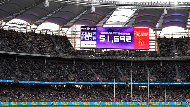 WA Premier Mark McGowan says no deal has been struck for Perth - where 51,692 attended Sunday’s Fremantle v West Coast derby - to host the AFL Grand Final. Picture: Getty