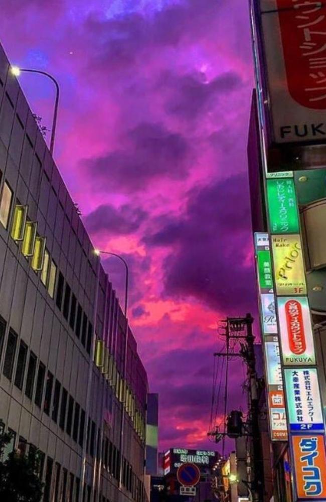 Purple skies over Japan as Typhoon Hagibis closes in. Picture: Twitter