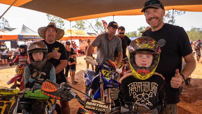 From left #61 Evan Foley, Wayne Foley, #520 Blake Bahnisch and Craig Bahisch at the 2023 KTM Australian Junior Motocross Championships, Darwin, NT, Australia. Picture: Pema Tamang Pakhrin