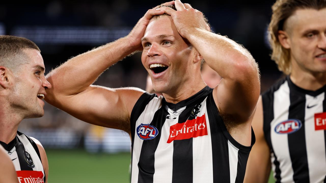 It’s all smiles for Collingwood’s Dan Houston after he played a starring role in his first game for his new club against his former team Port Adelaide at the MCG in Round 1. Picture: Dylan Burns/AFL Photos via Getty Images