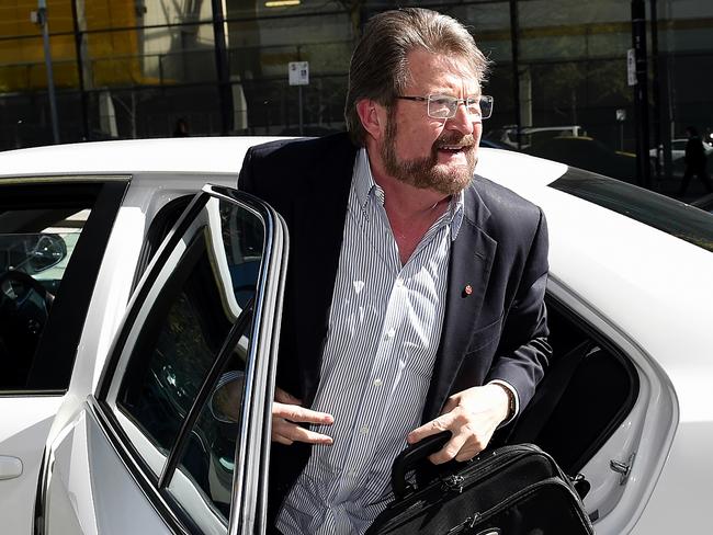 Derryn Hinch arrives at 3AW in Melbourne this morning. Picture: Nicole Garmston