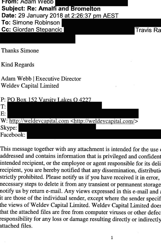 Emails between Weldev Capital executive Adam Webb and Simone Holzapfel tendered to the Supreme Court. Photo: Supplied