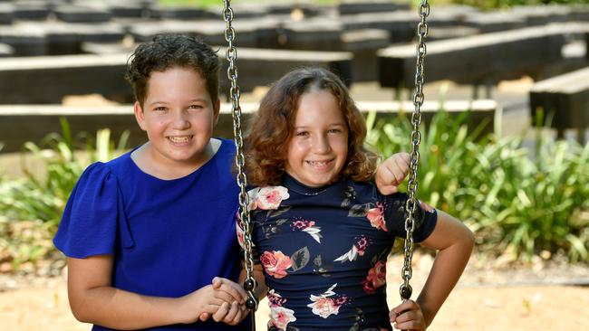 Townsville couple Brett and Peta Hearn with twins Bethany and Izabella, 11, have a special reason to support Sweetheart's Day this Valentine's Day with Izabella diagnosed while still in the womb with congenital heart disease. Twins Bethany and Izabella. Picture: Evan Morgan