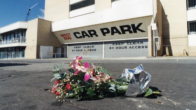 Flowers placed in tribute the morning after cousins Ron Noga and Adrian Slusarczyk were gunned down in Clarendon St, off Hindley Str on February 10, 1996.