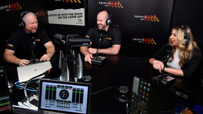 Triple M’s Adelaide breakfast team Chris Dittmar, Mark Ricciuto and Laura O'Callaghan in the studio.