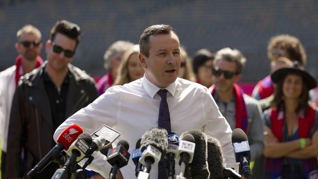 WA Premier Mark McGowan speaks during a media opportunity ahead of the 2021 AFL Grand Final at Optus Stadium. Picture: Will Russell