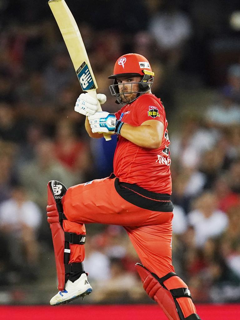 Melbourne Renegades captain Aaron Finch clips a ball off his hip.