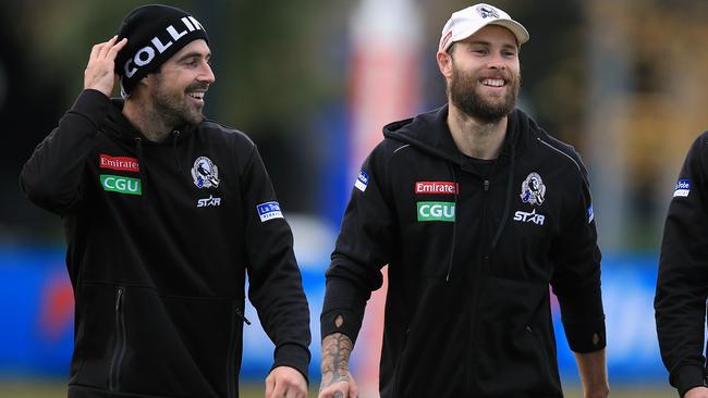 Steele Sidebottom and Brent Macaffer at Collingwood training. Picture: Wayne Ludbey